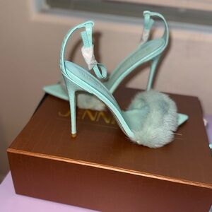 Aqua Fur Trim High Heel Sandals - Women